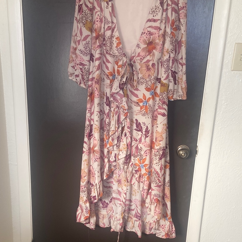 Francesca's floral hi low wrap midi dress with ruffle hem